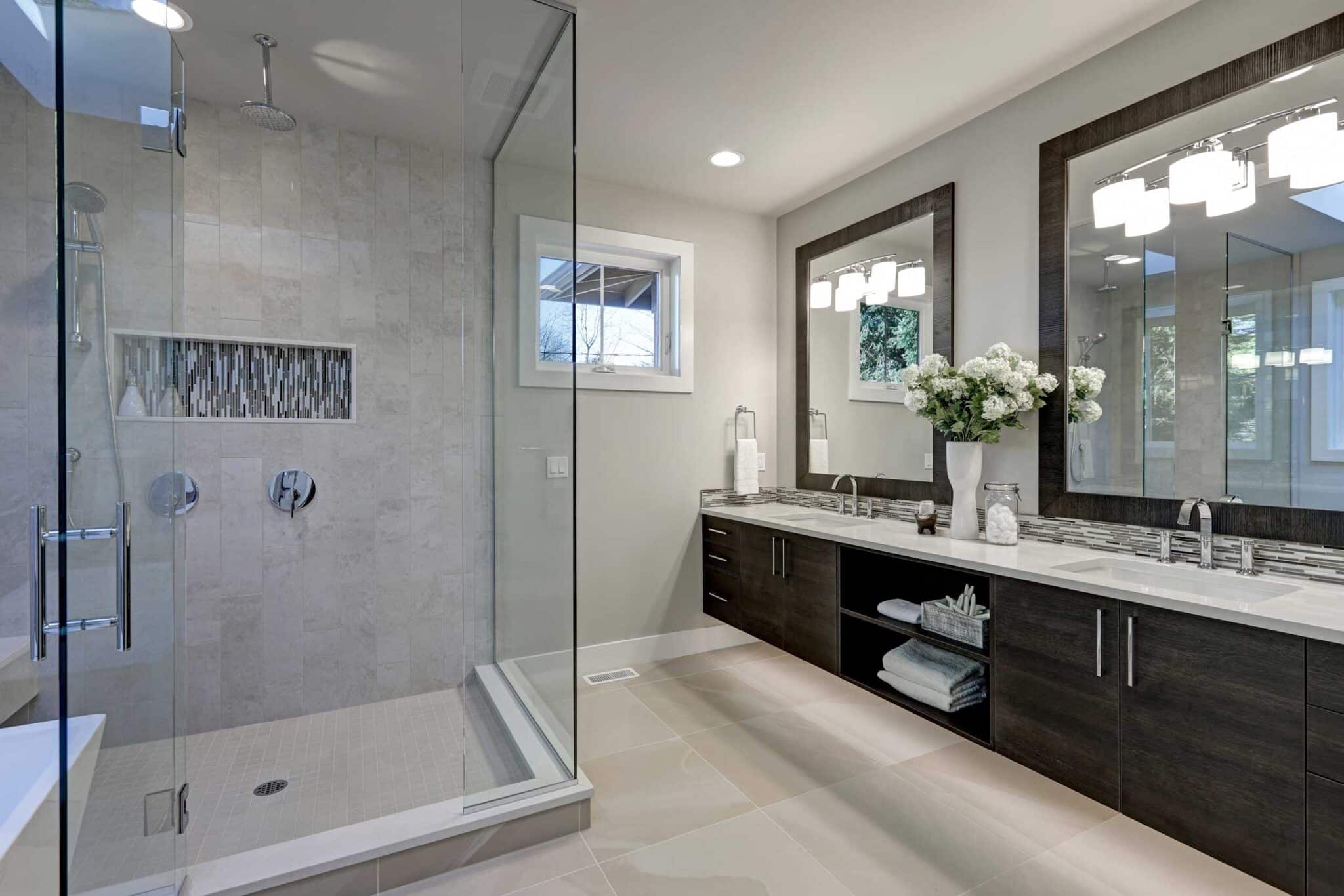 Modern bathroom with light gray tiles