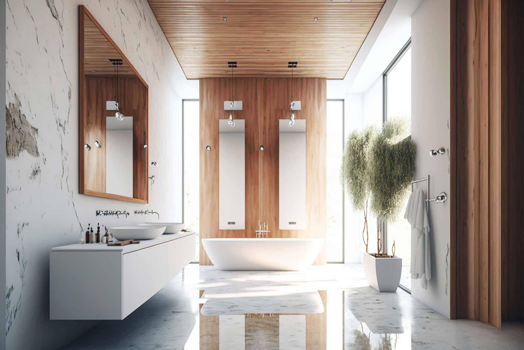 scandinavian bathroom with marble floors and cement walls