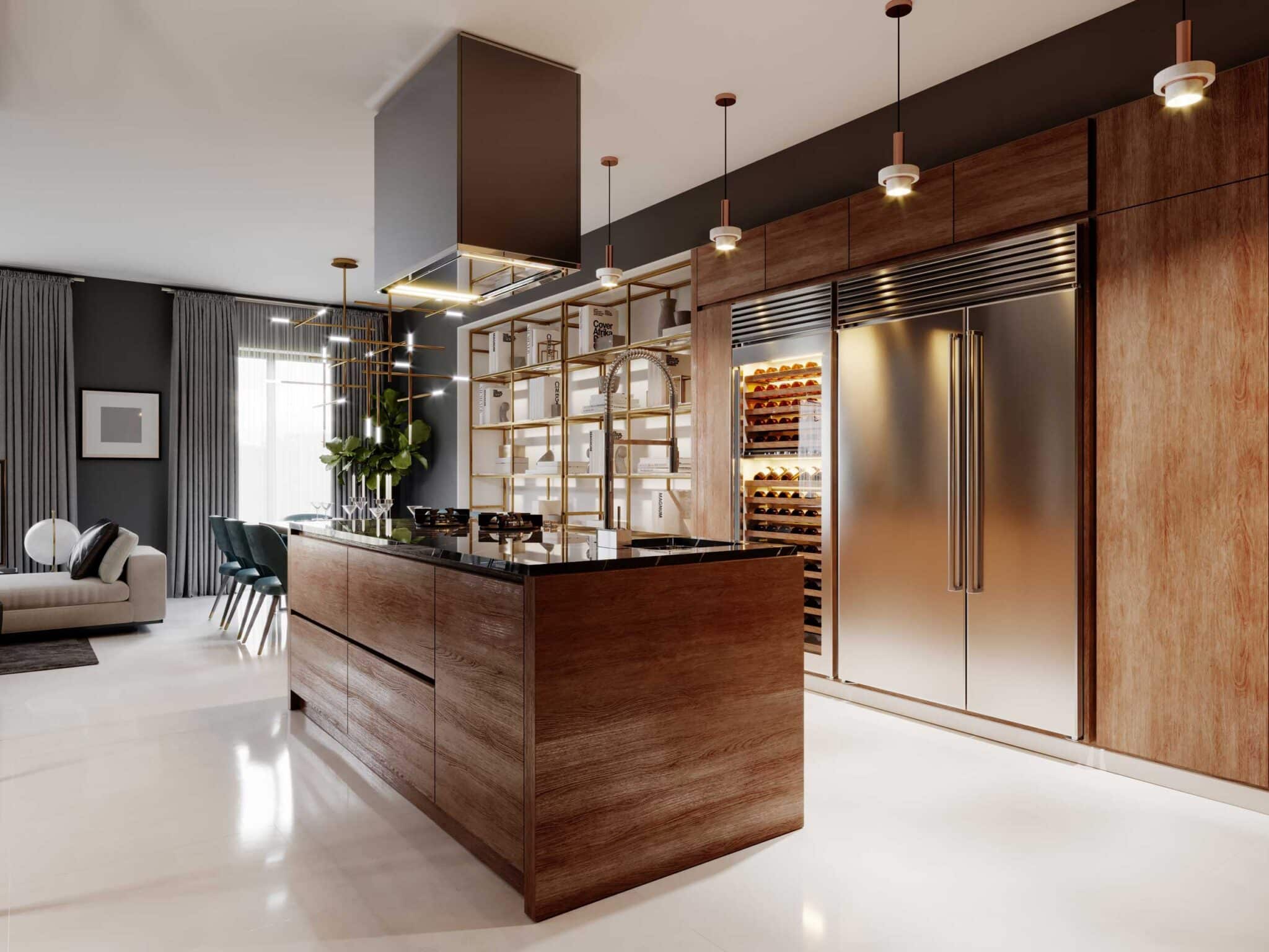 modern wood kitchen with wine cabinet