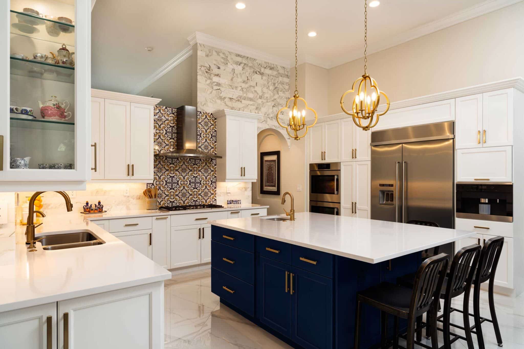 white and navy blue kitchen