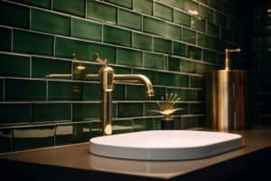 Bathroom with dark green subway tile walls, gold faucet, marble sink. 