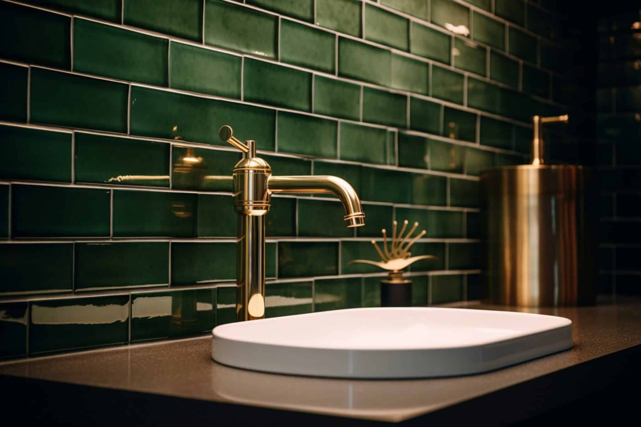 Bathroom with green subway tile walls, gold lights, marble sink, and gold faucet.